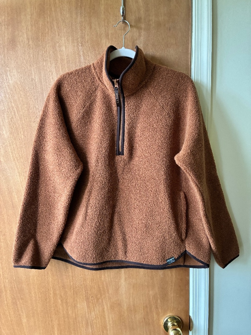 L.L. Bean Henley-style zip wool fleece in brown, Large Petite, NWT